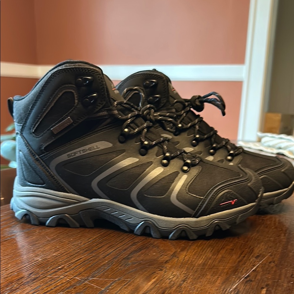 Black and Gray Athletic Shoes with Ankle Support and Rugged Sole